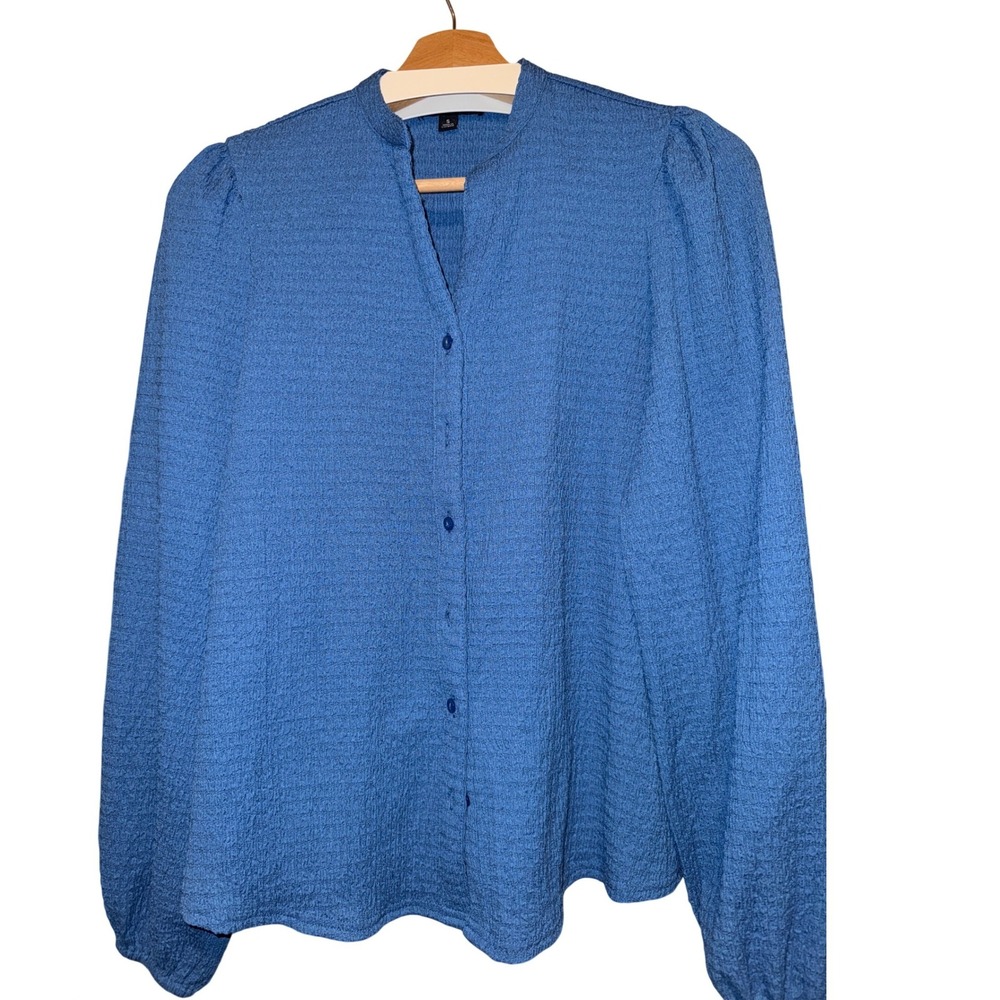 CALLIGRAPHIE Blue Textured‎ Mandarin Collar Button Long Sleeve Shirt, Small